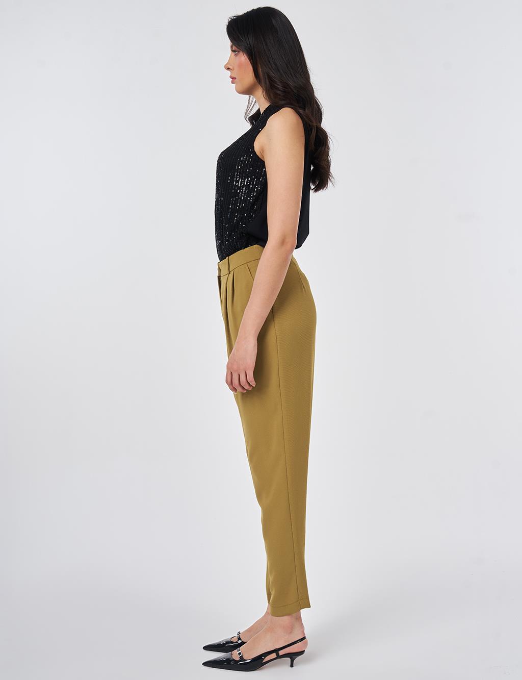 Double Pleated Crepe Trousers Khaki
