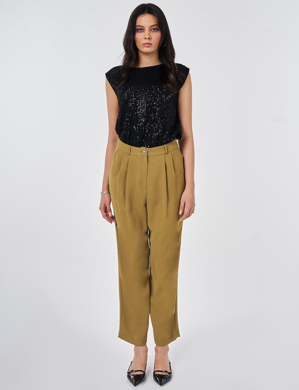 Double Pleated Crepe Trousers Khaki