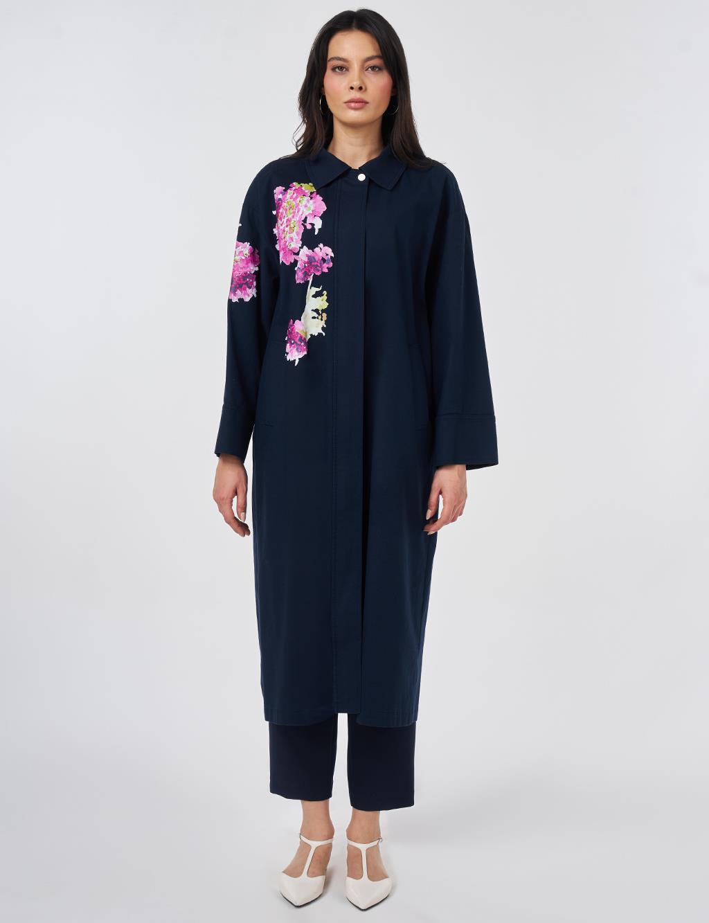 Floral Print Detail Coat Dark Navy