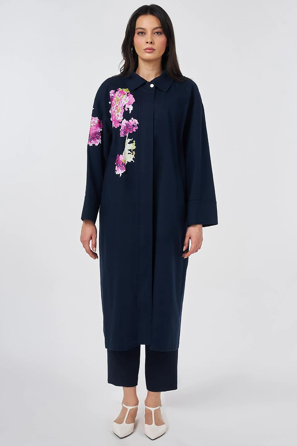 Floral Print Detail Coat Dark Navy