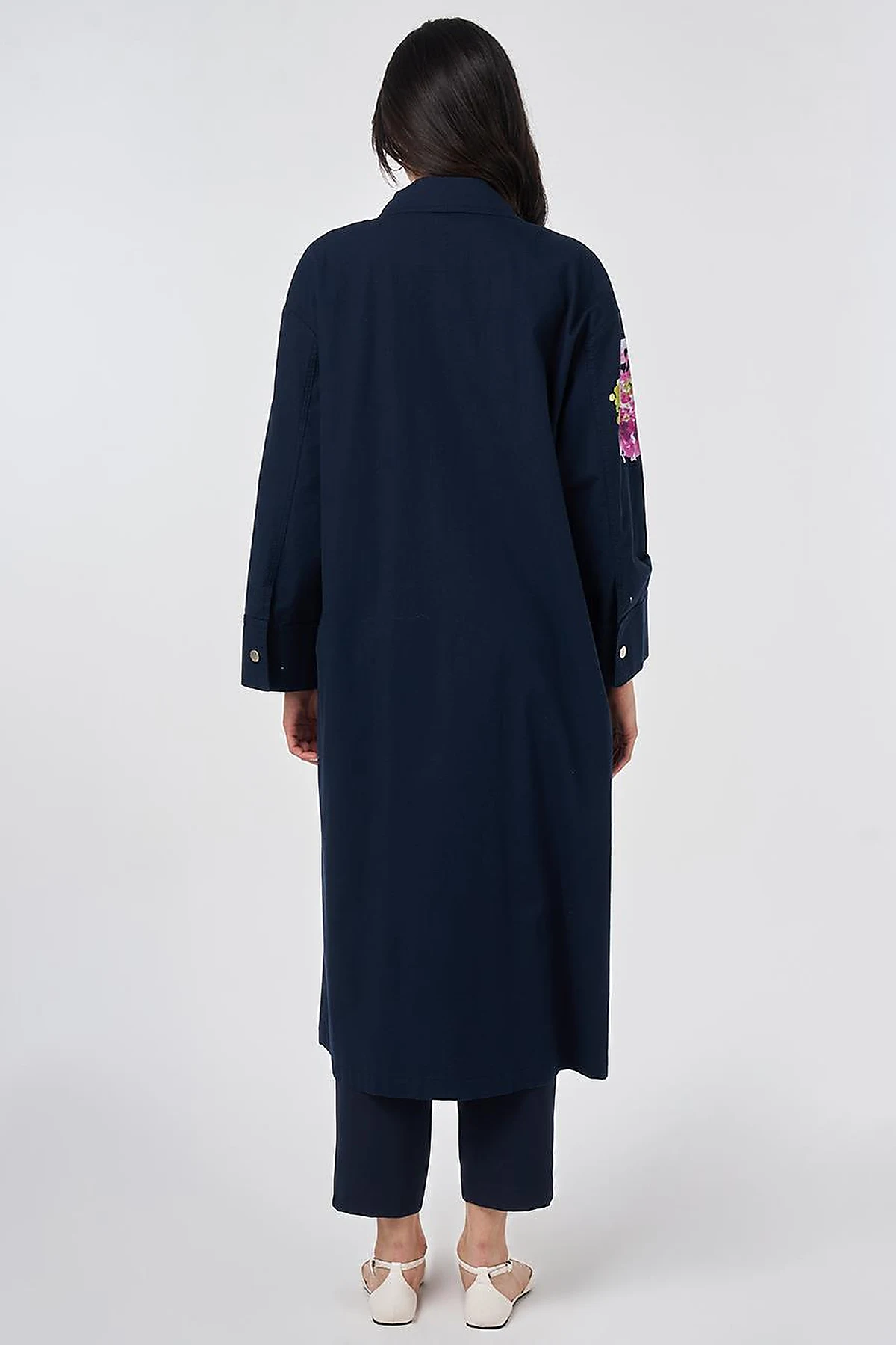 Floral Print Detail Coat Dark Navy