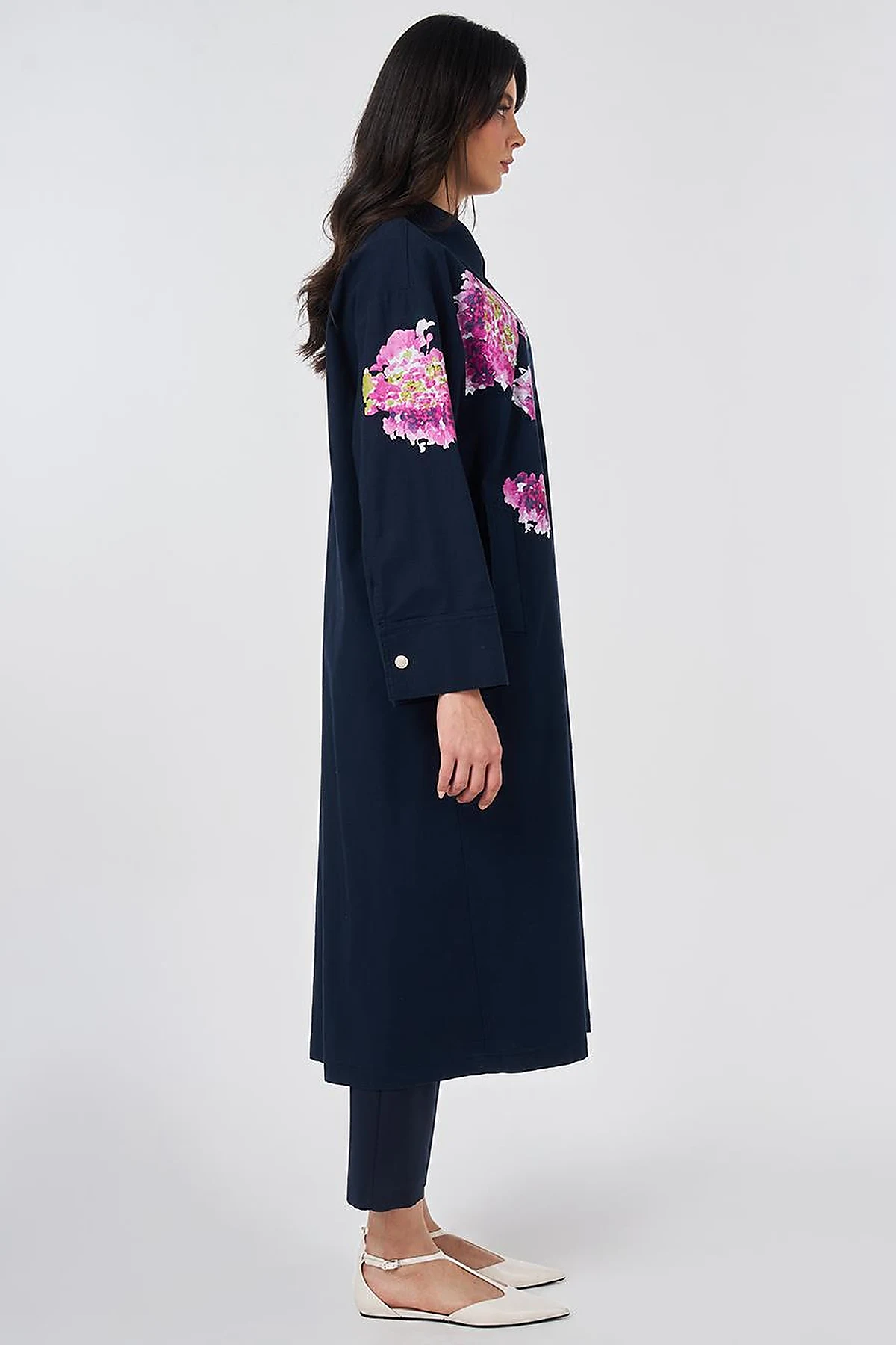 Floral Print Detail Coat Dark Navy