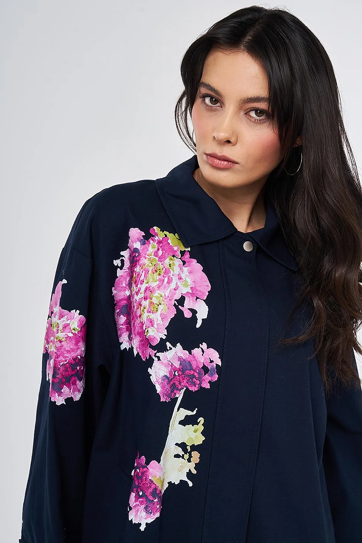 Floral Print Detail Coat Dark Navy