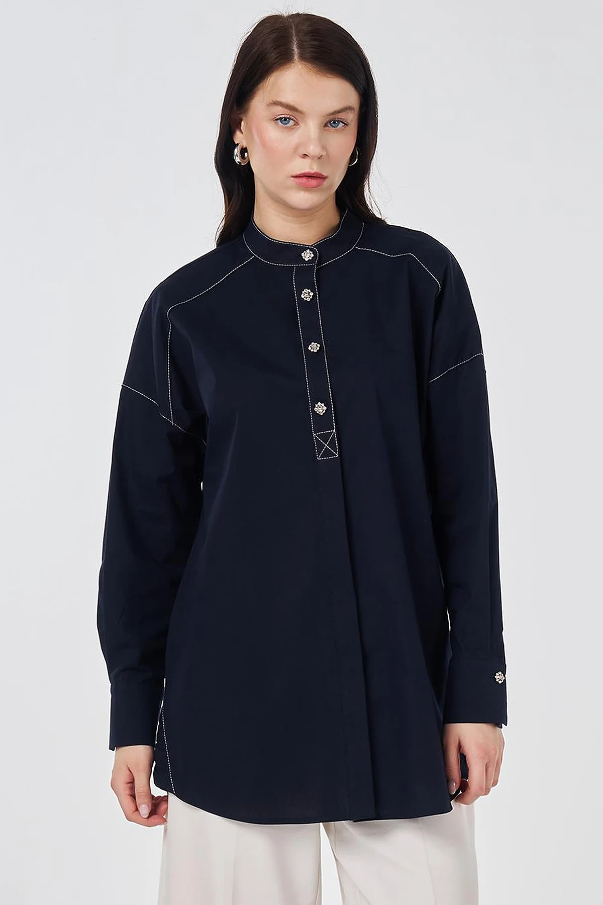 Punto Stitched Cotton Tunic Dark Navy