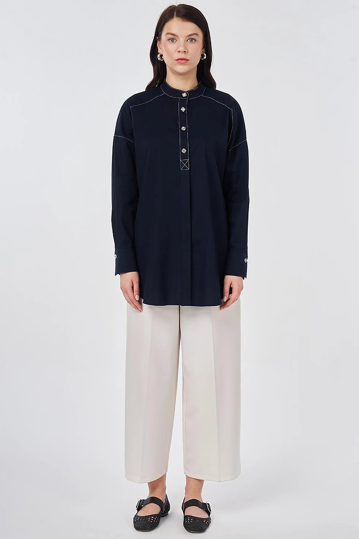 Punto Stitched Cotton Tunic Dark Navy