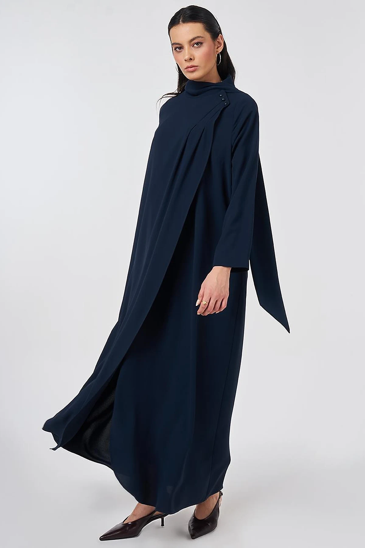 Shawl Collar Crepe Overcoat Dark Navy