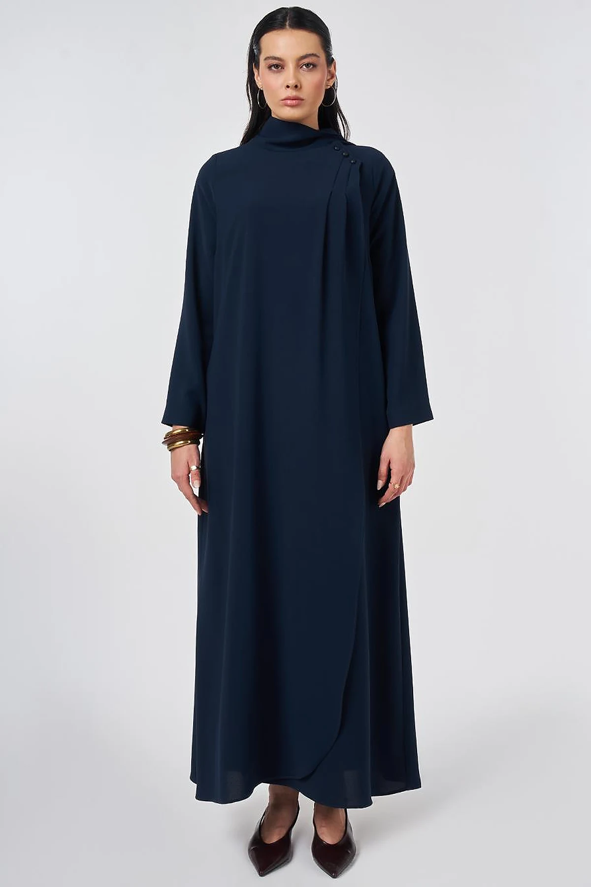 Shawl Collar Crepe Overcoat Dark Navy
