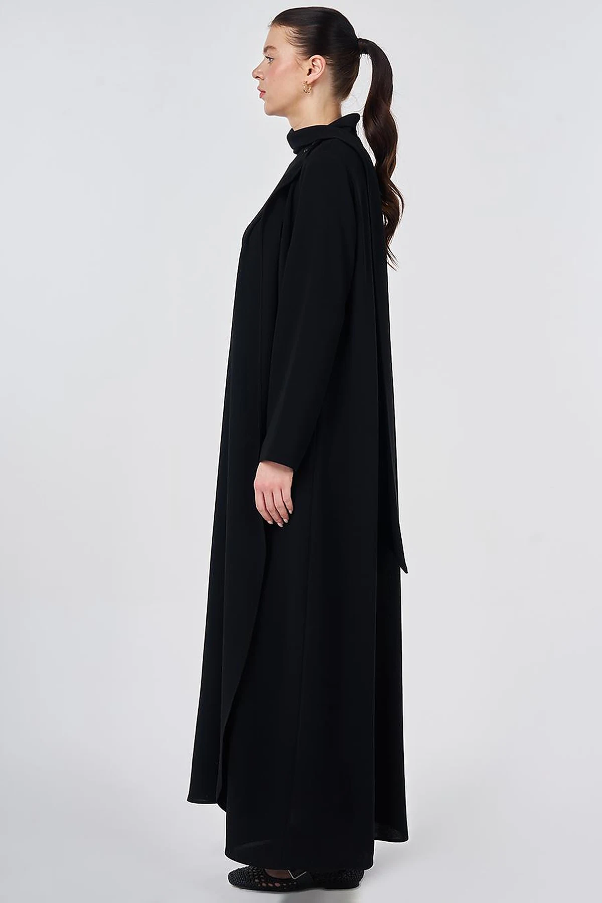 Shawl Collar Crepe Overcoat Black