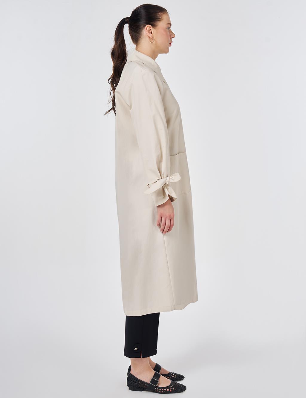 Grosgrain-Detail Raglan Sleeve Trench Coat Cream