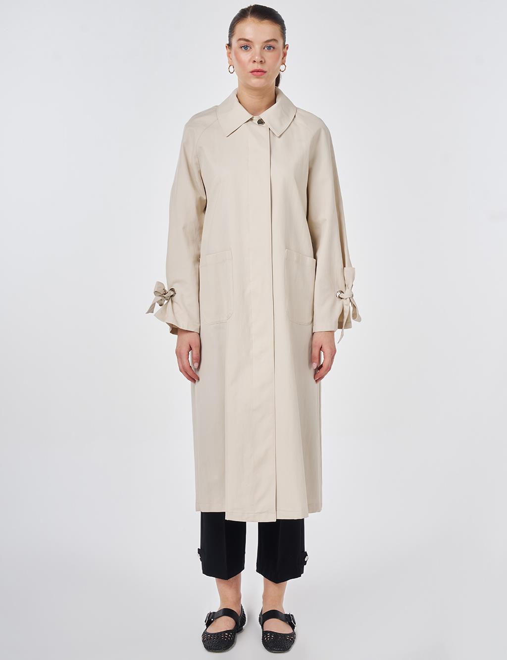 Grosgrain-Detail Raglan Sleeve Trench Coat Cream