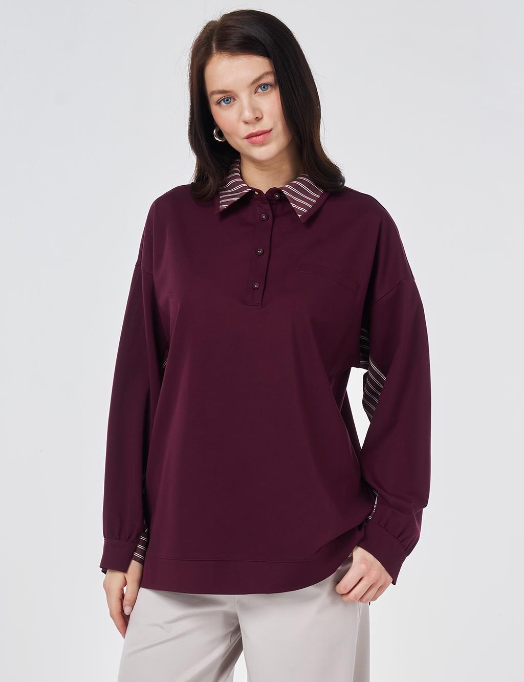 Gömlek Detaylı Rayon Sweatshirt Koyu Bordo