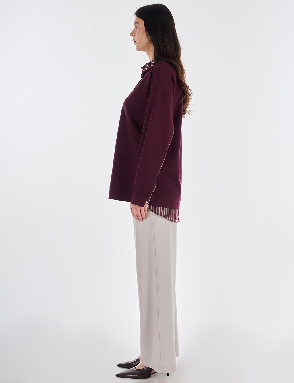 Gömlek Detaylı Rayon Sweatshirt Koyu Bordo