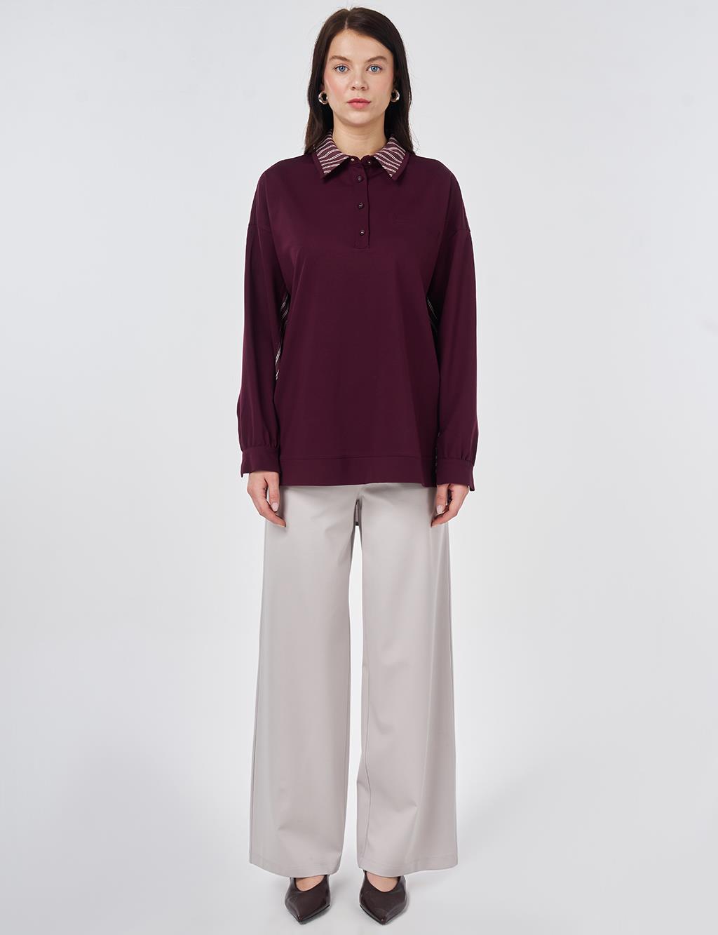 Gömlek Detaylı Rayon Sweatshirt Koyu Bordo