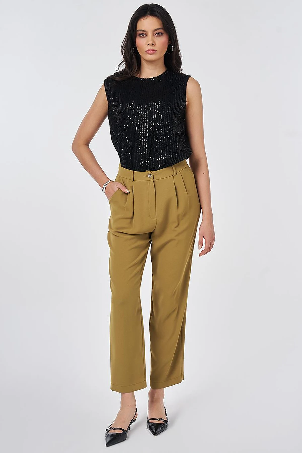 Double Pleated Crepe Trousers Khaki