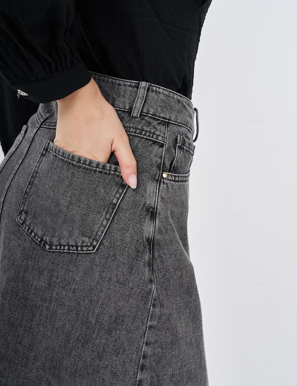 Washed High-Waisted Denim Skirt Anthracite