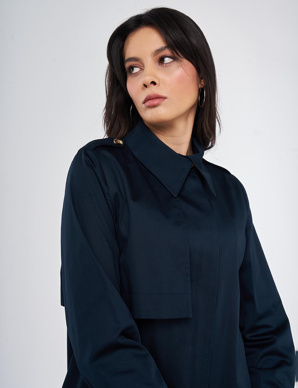 100% Cotton Pleat-Detail Topcoat Dark Navy