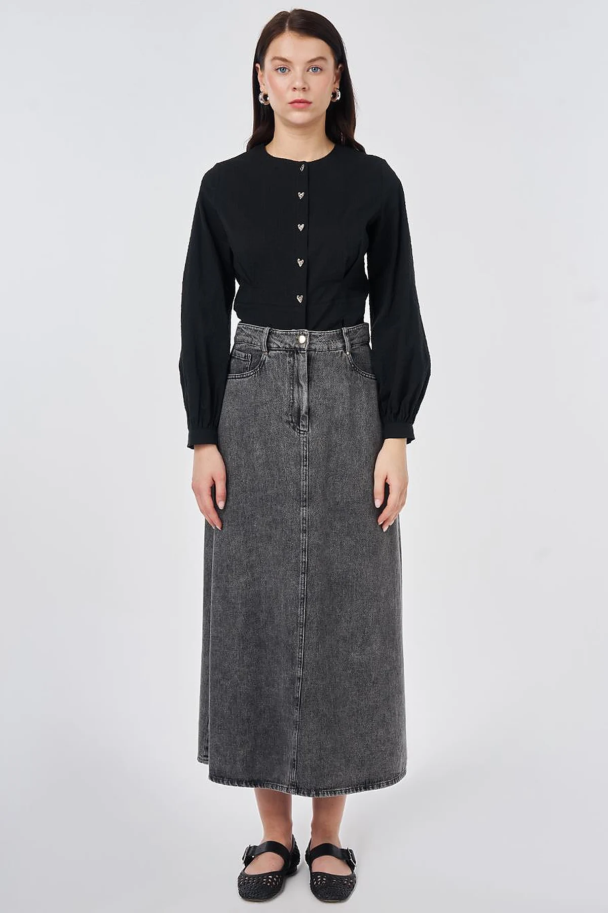 Washed High-Waisted Denim Skirt Anthracite