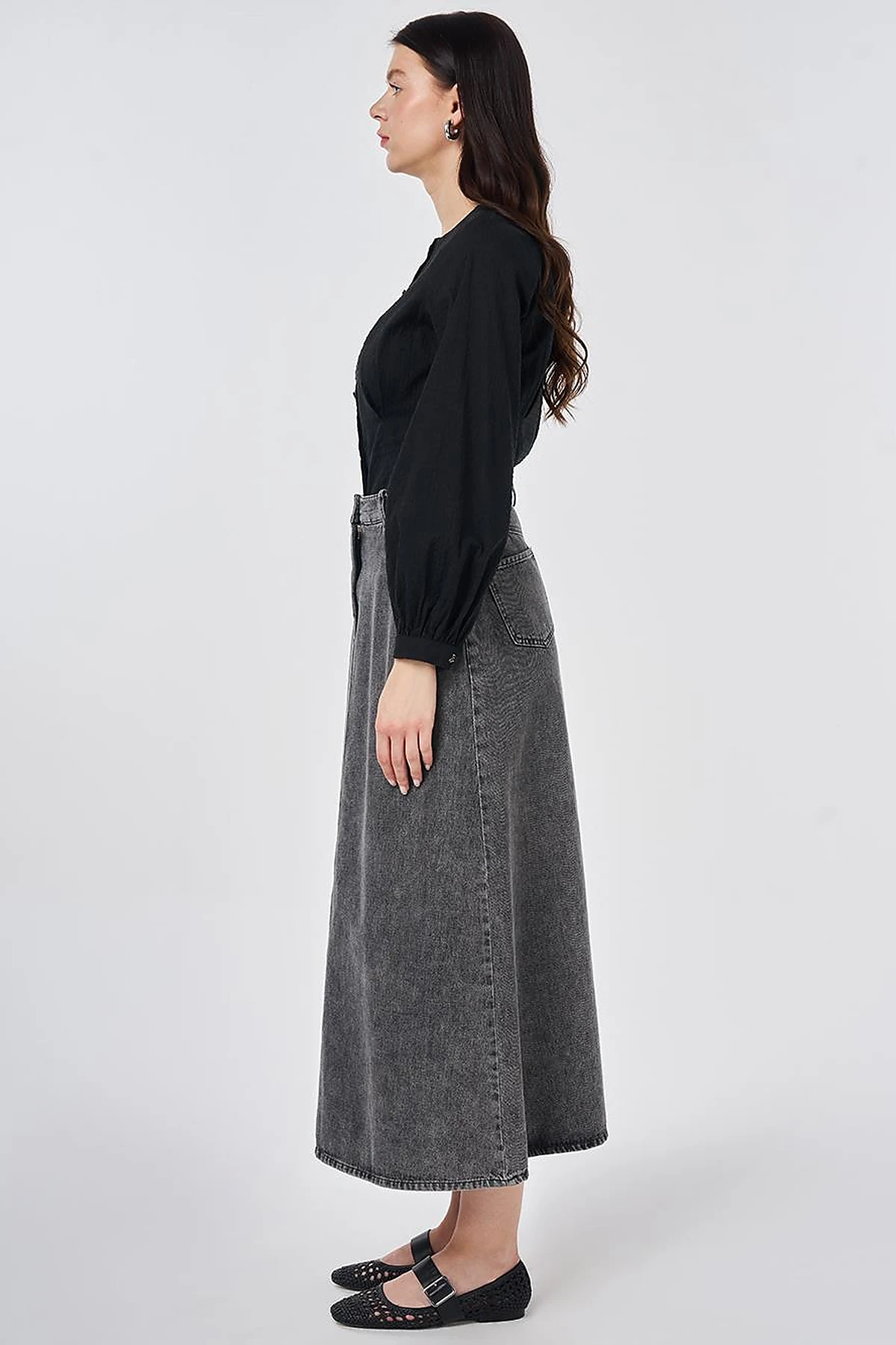 Washed High-Waisted Denim Skirt Anthracite