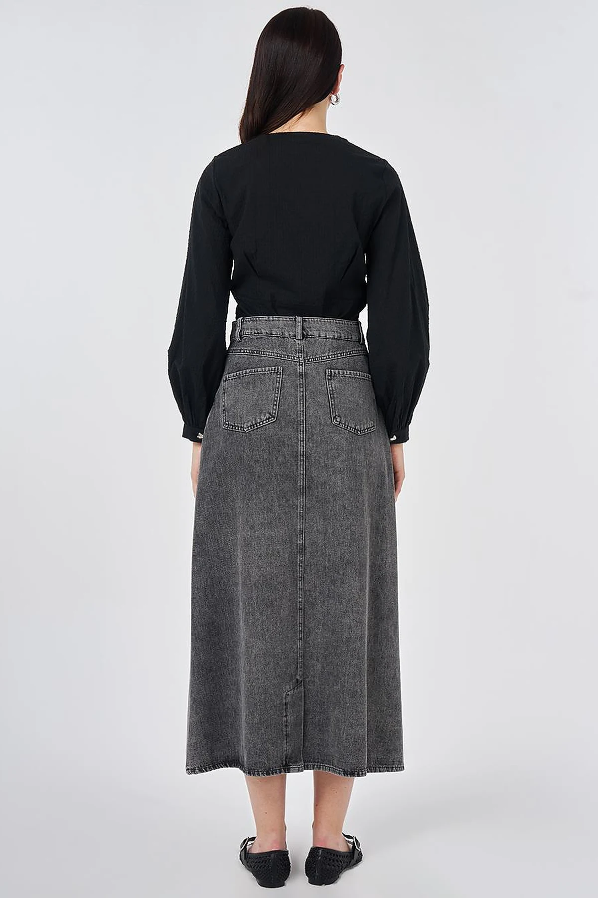 Washed High-Waisted Denim Skirt Anthracite