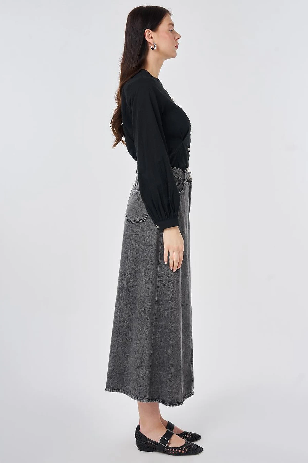 Washed High-Waisted Denim Skirt Anthracite