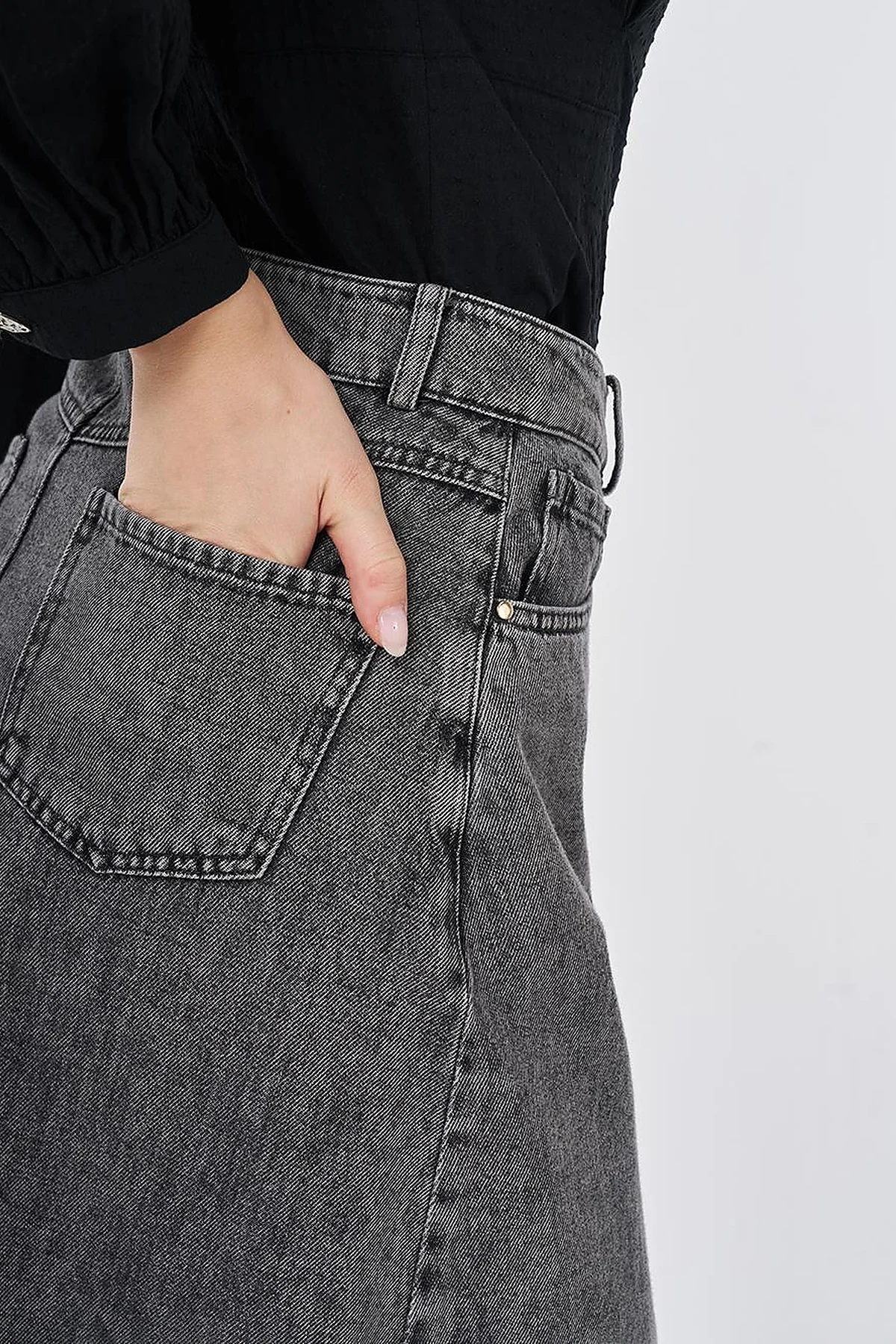 Washed High-Waisted Denim Skirt Anthracite
