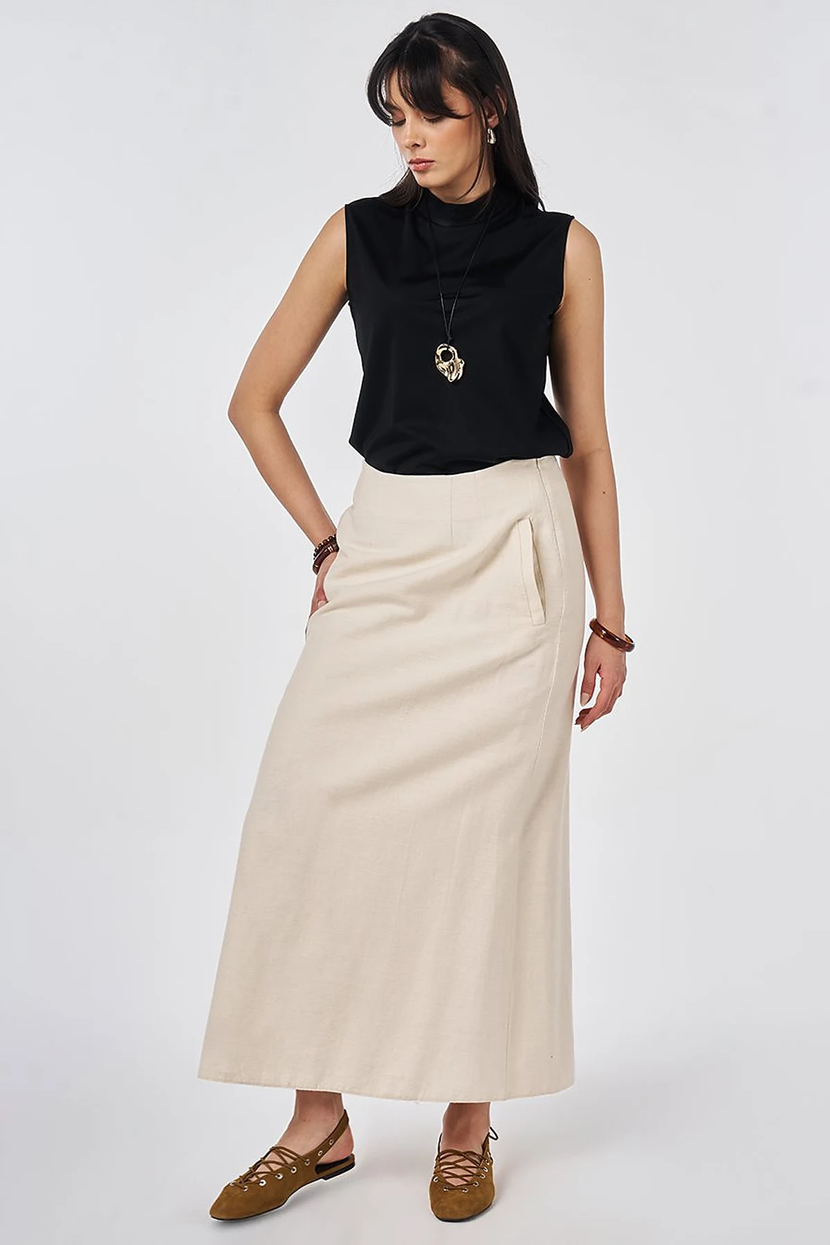 Pleated Non-Denim Skirt Cream