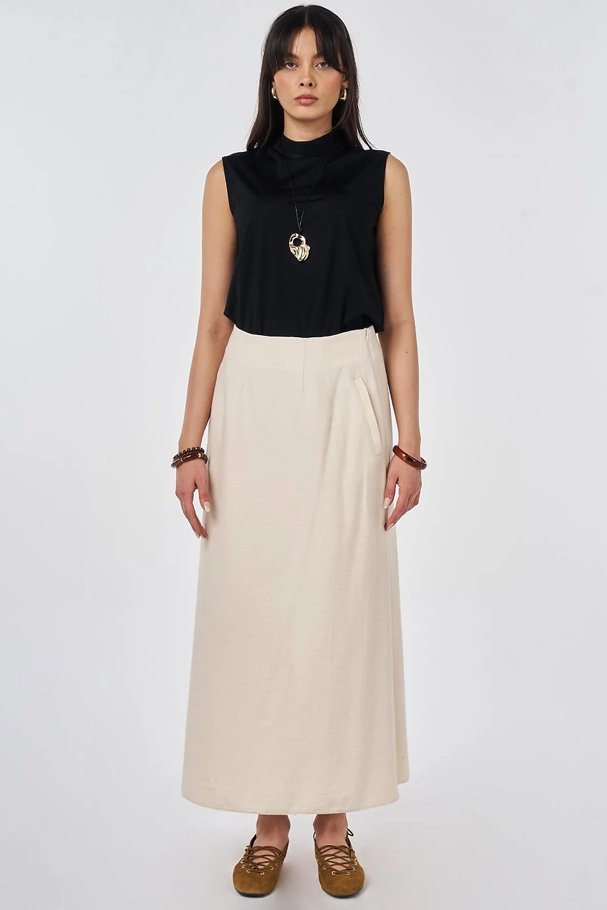 Pleated Non-Denim Skirt Cream