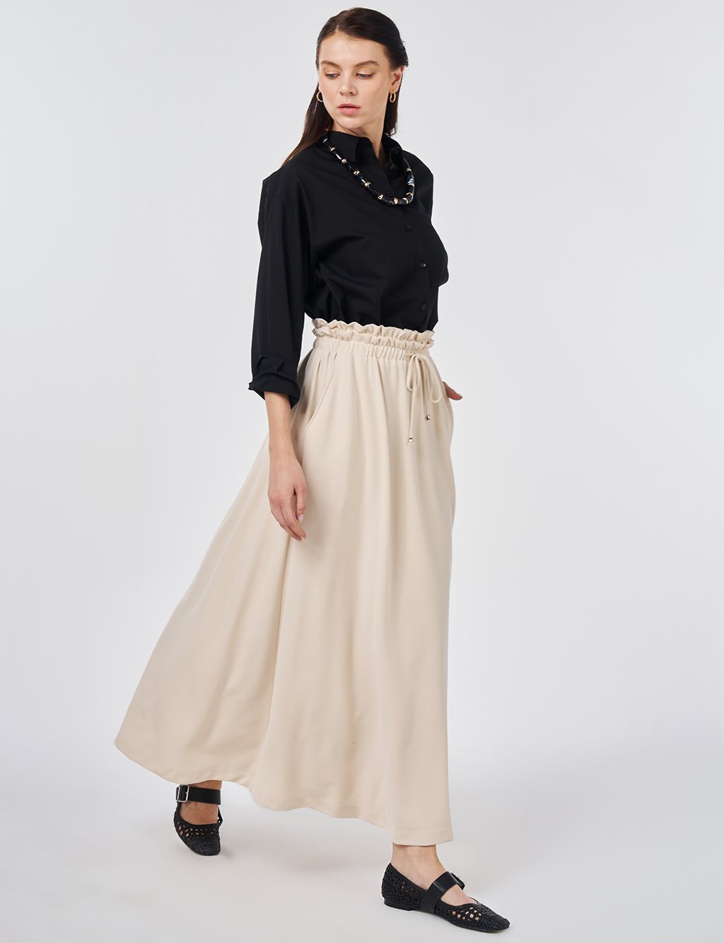 Yüksek Bel Evaze Etek Krem