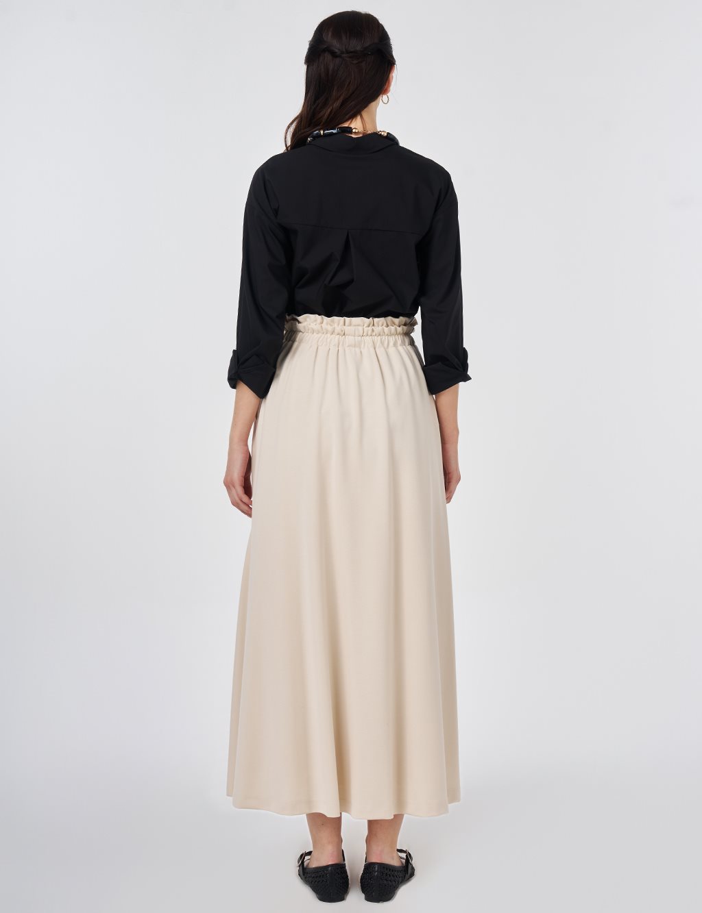Yüksek Bel Evaze Etek Krem