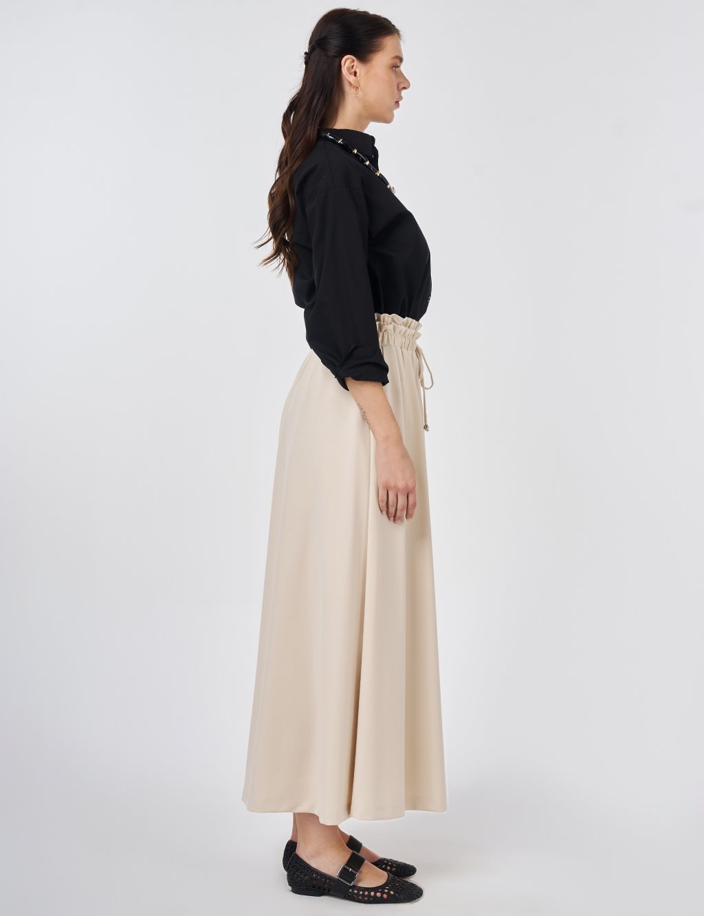 Yüksek Bel Evaze Etek Krem