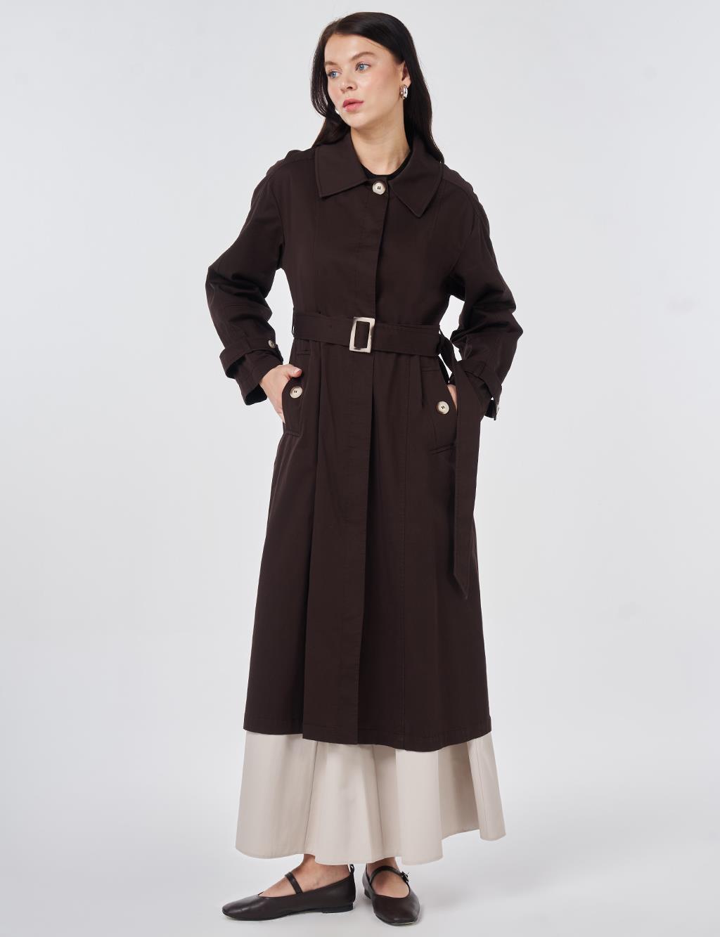 Shirt Collar Belted Trench Coat Dark Brown