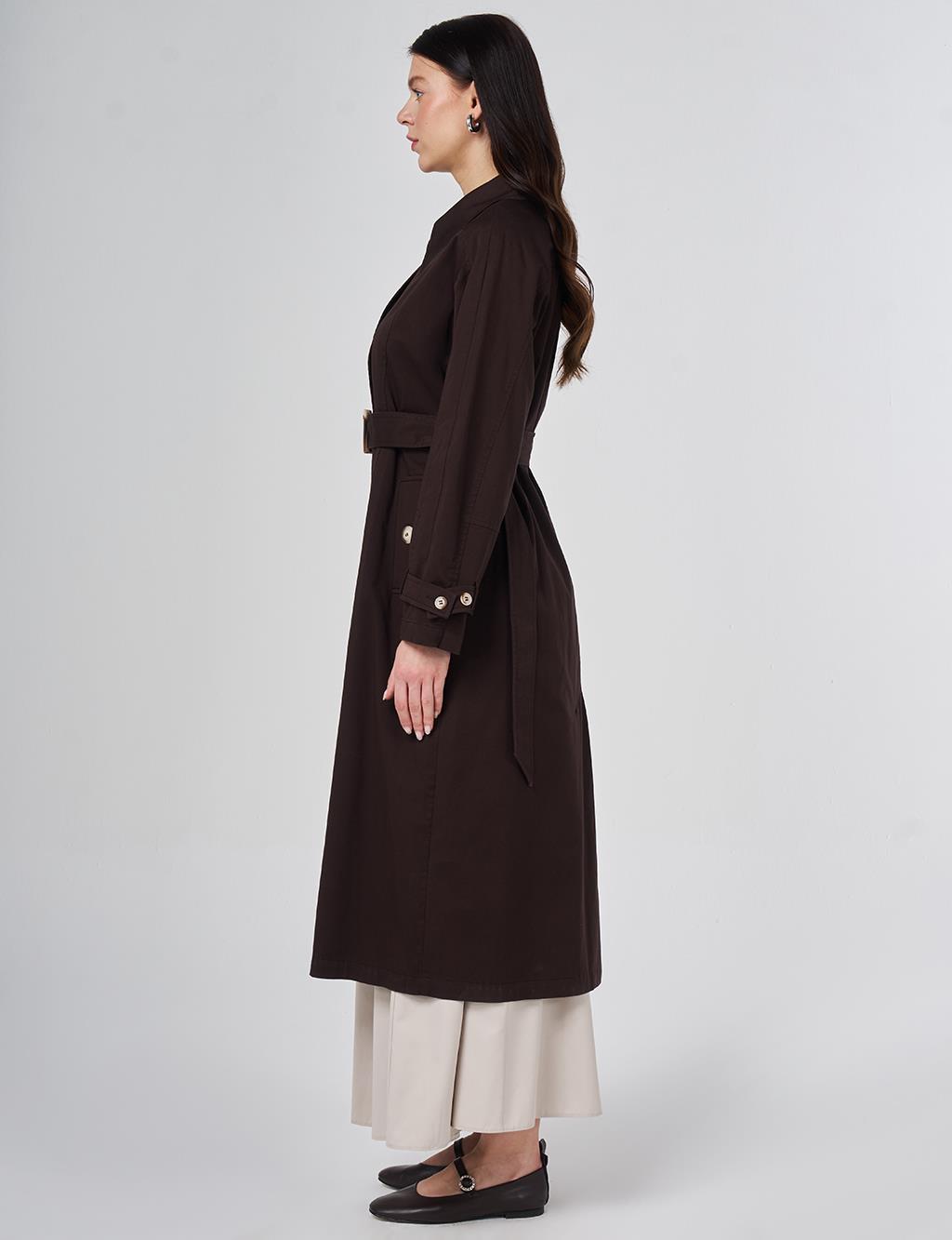 Shirt Collar Belted Trench Coat Dark Brown