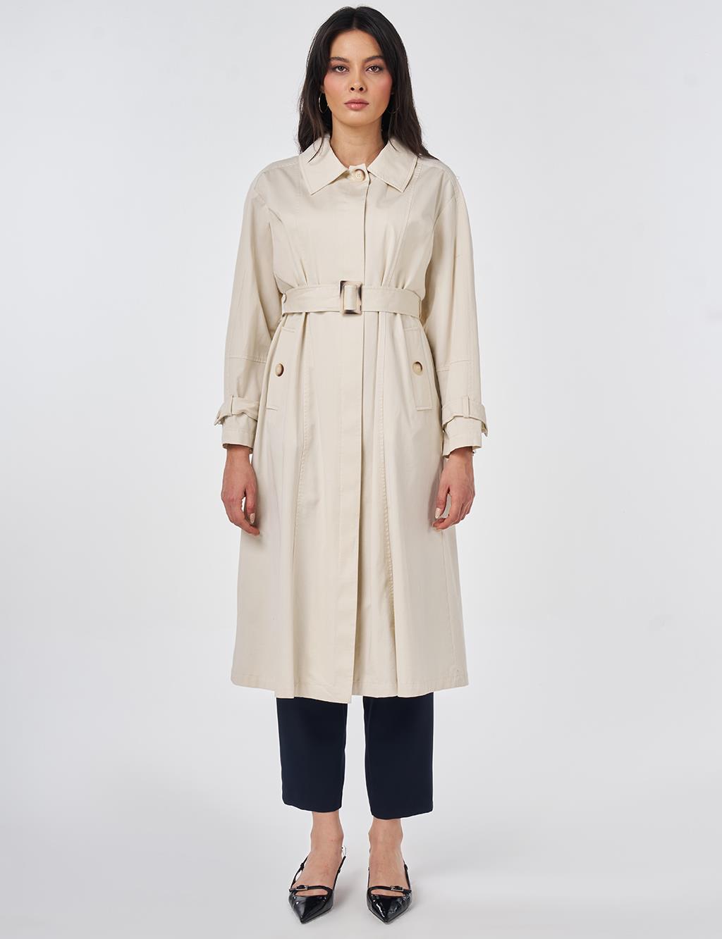 Shirt Collar Belted Trench Coat Cream