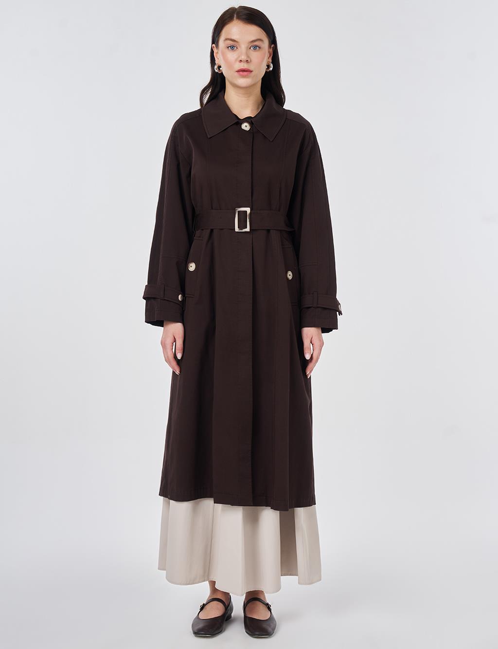 Shirt Collar Belted Trench Coat Dark Brown