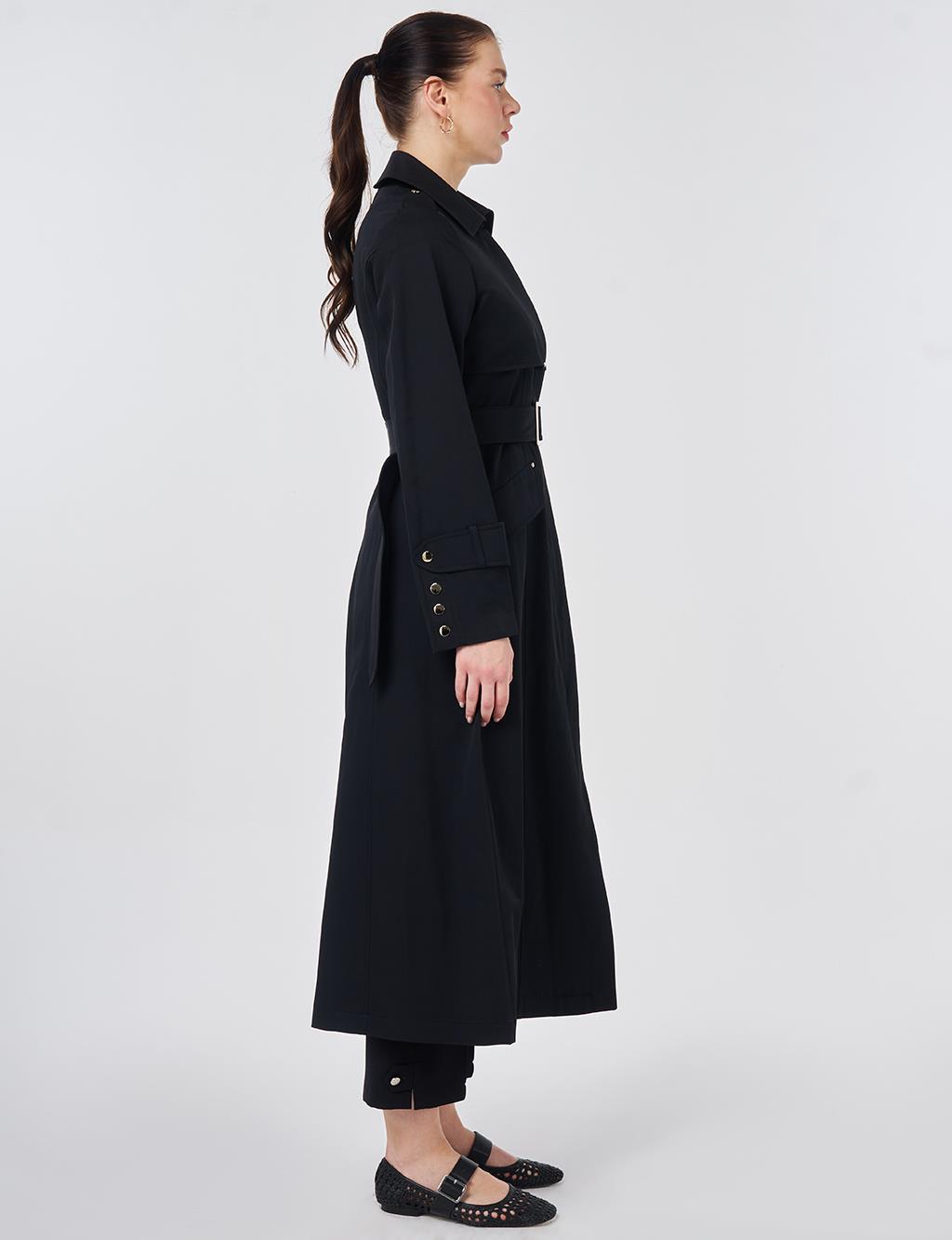 Button Detail Trench Coat Black