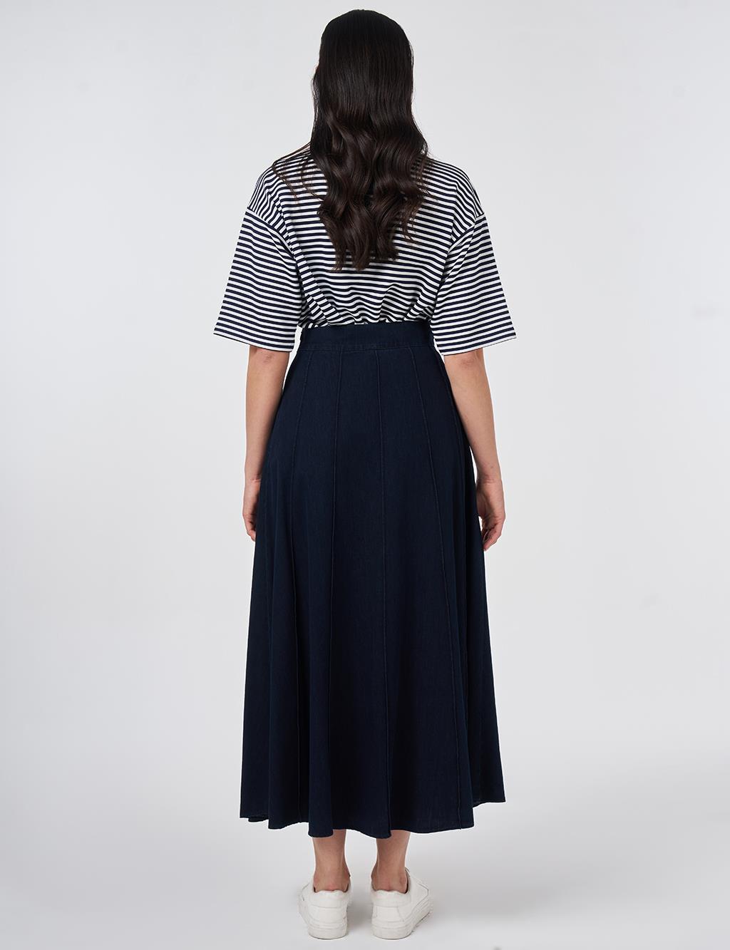 Washed Panel-Stitched Denim Skirt Navy