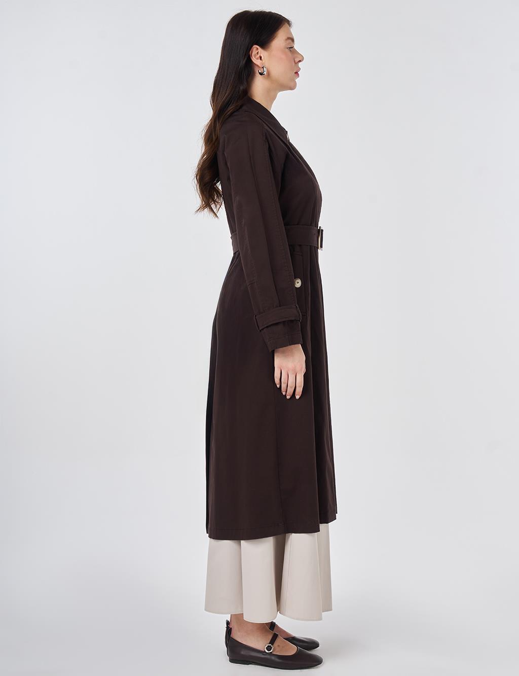 Shirt Collar Belted Trench Coat Dark Brown