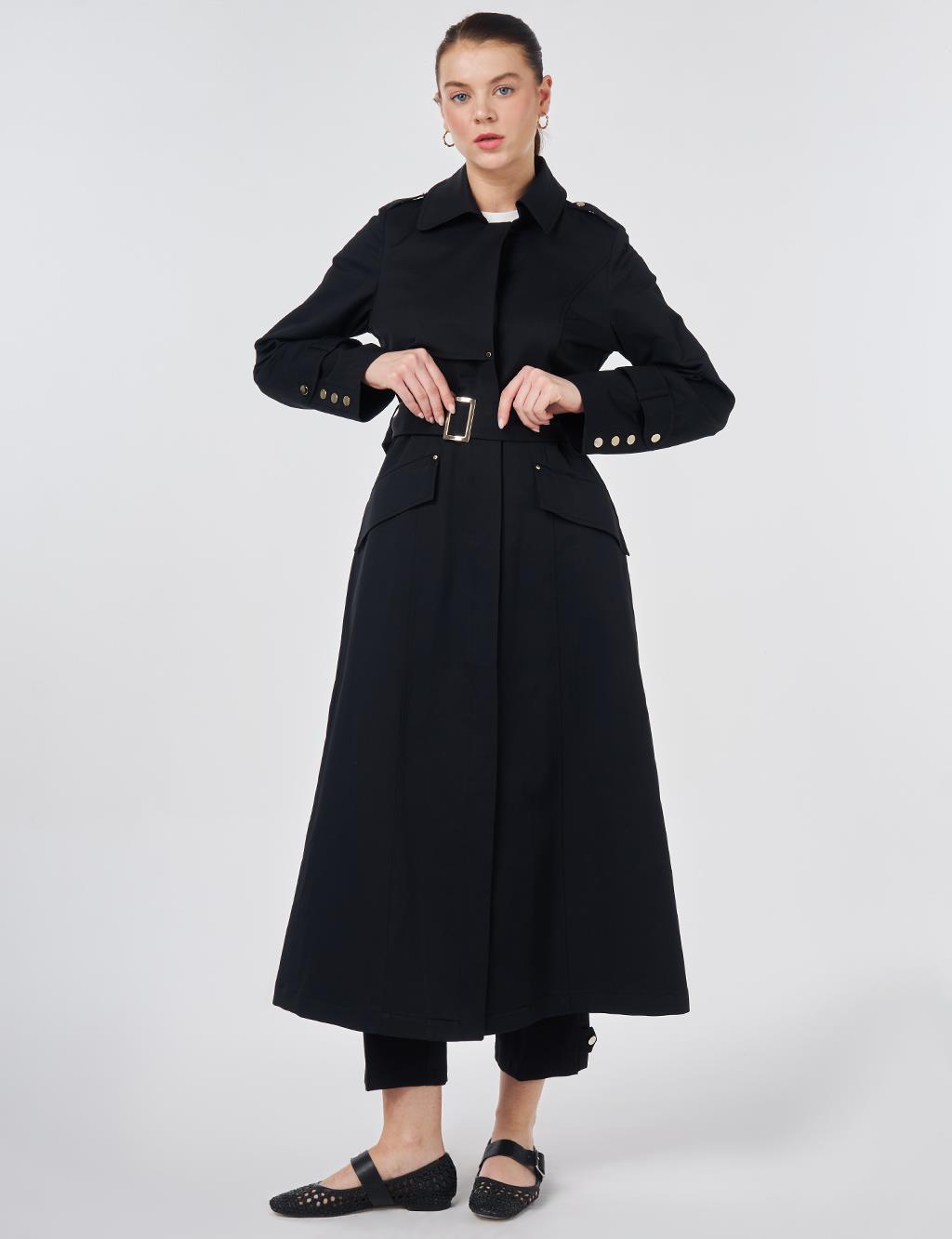 Button Detail Trench Coat Black