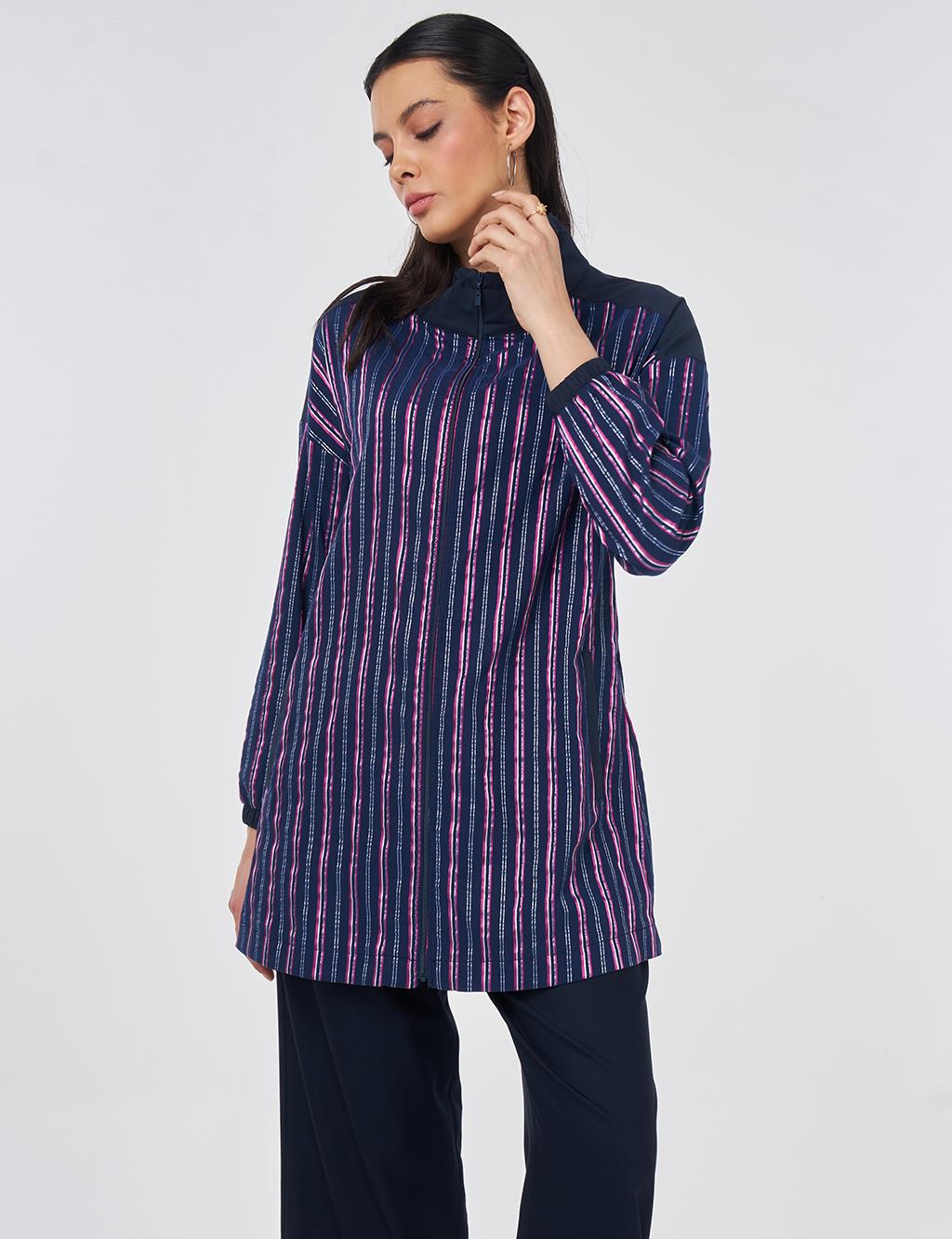Embossed Pattern Stand-Up Collar Tunic Dark Navy
