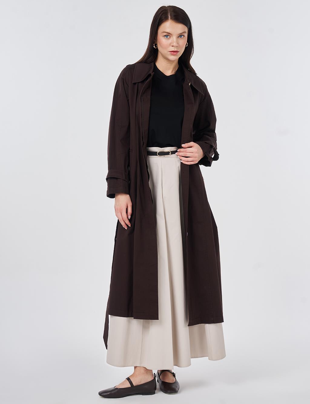 Shirt Collar Belted Trench Coat Dark Brown
