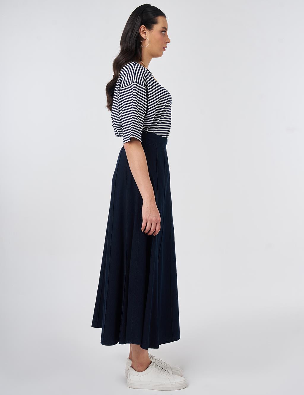 Washed Panel-Stitched Denim Skirt Navy