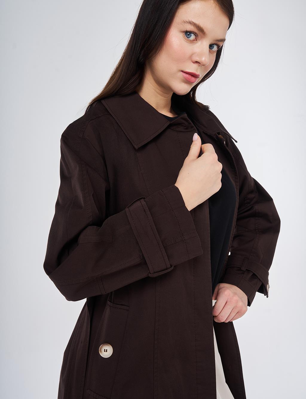 Shirt Collar Belted Trench Coat Dark Brown
