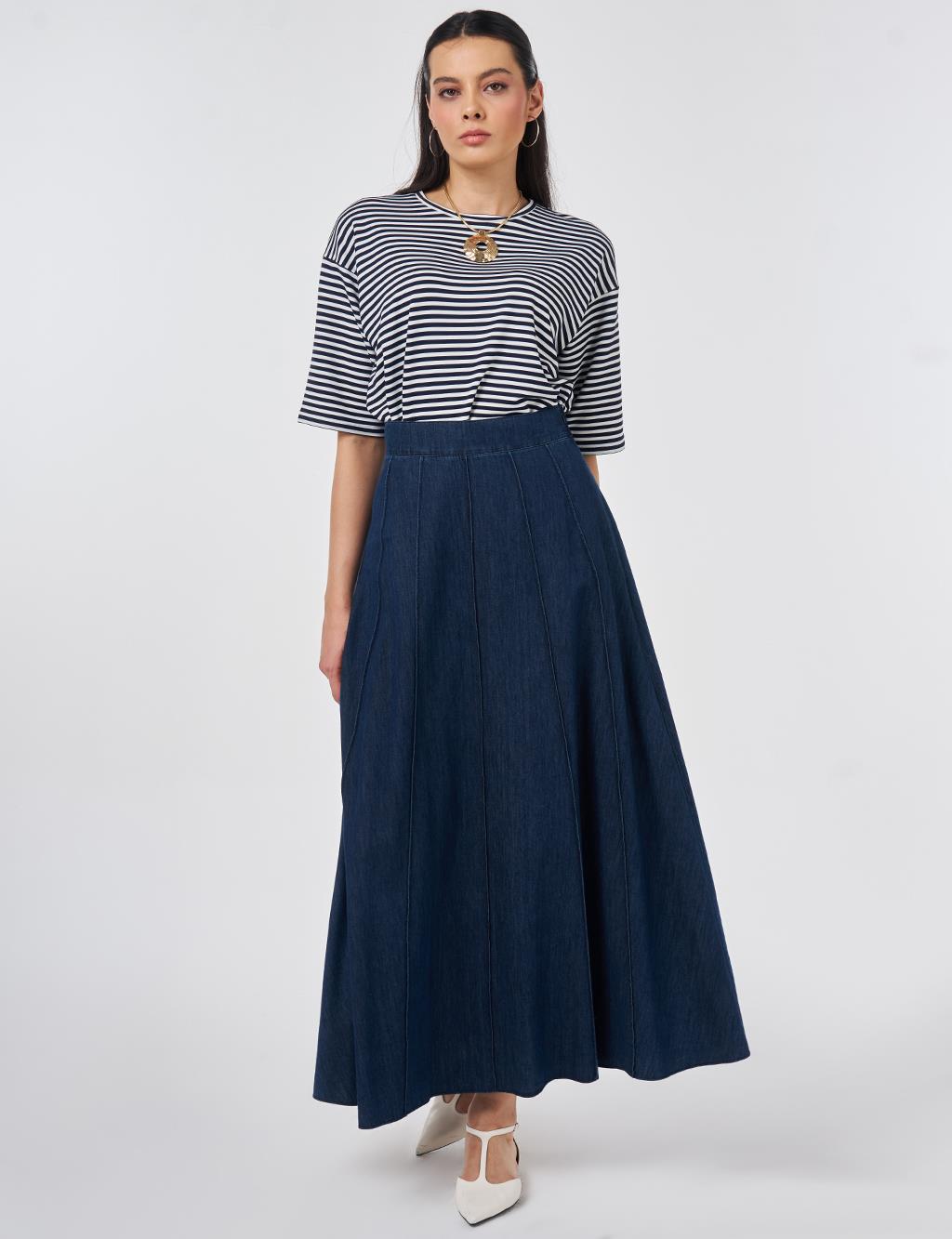 Washed Panel-Stitched Denim Skirt Indigo 