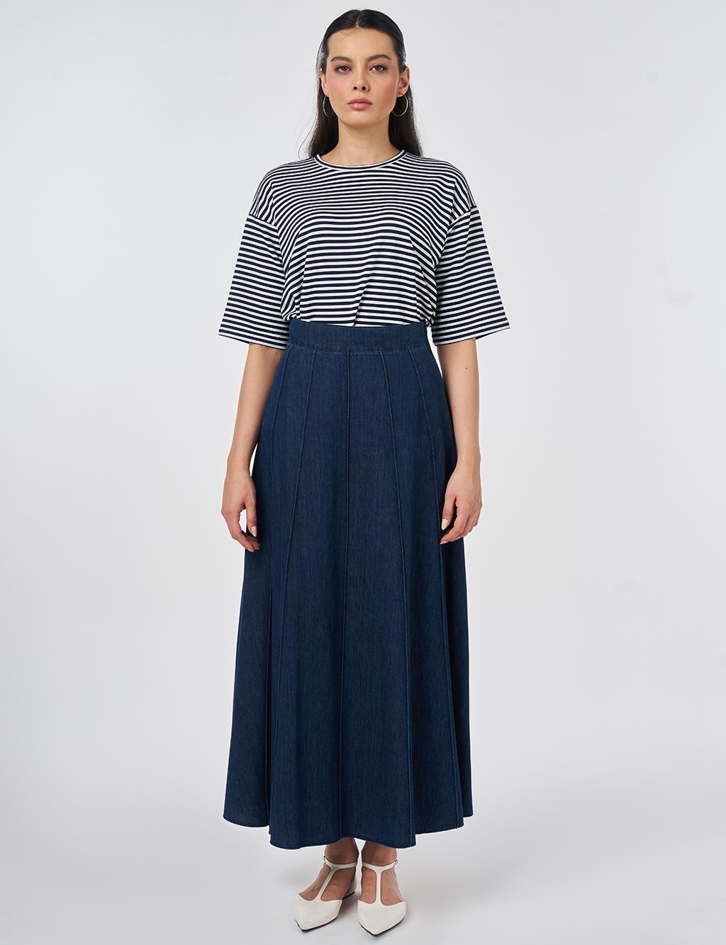 Washed Panel-Stitched Denim Skirt Indigo 