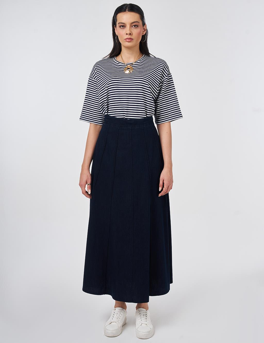 Washed Panel-Stitched Denim Skirt Navy