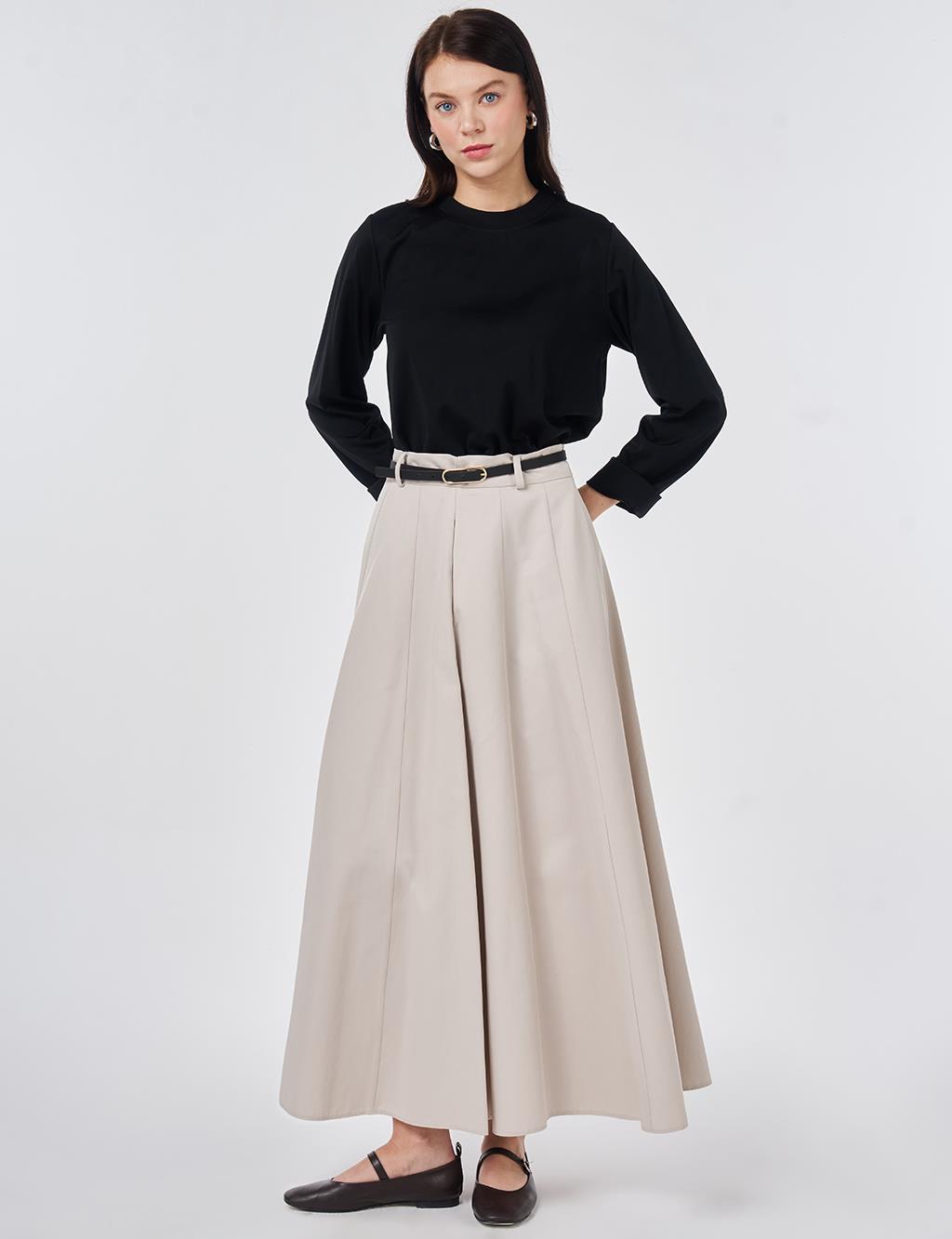 High-Waisted Skirt with Belt Detail Stone Wash