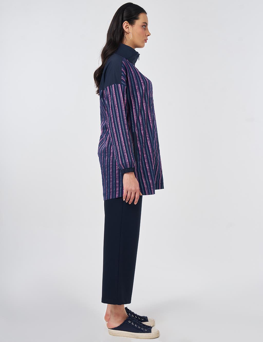 Embossed Pattern Stand-Up Collar Tunic Dark Navy