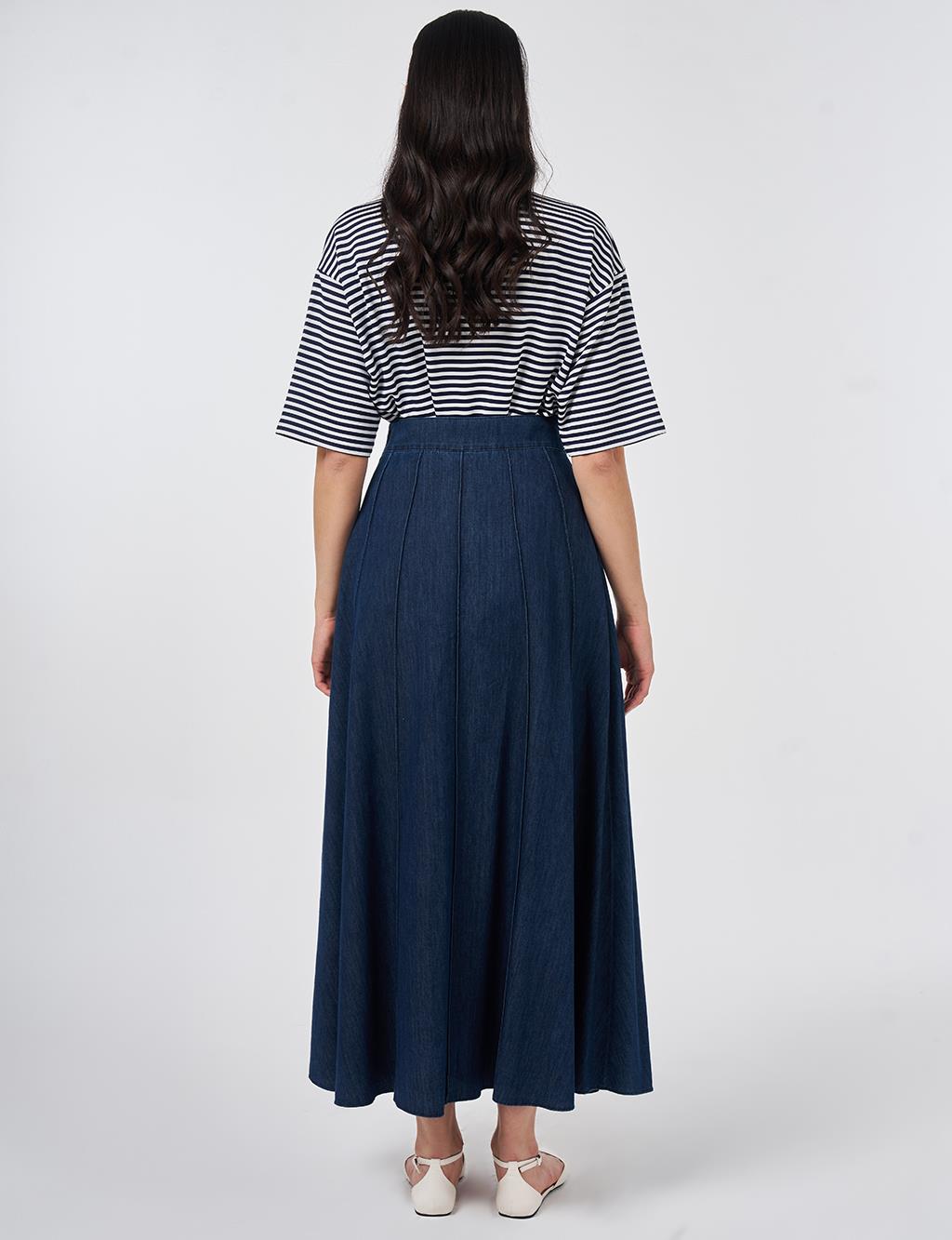 Washed Panel-Stitched Denim Skirt Indigo 