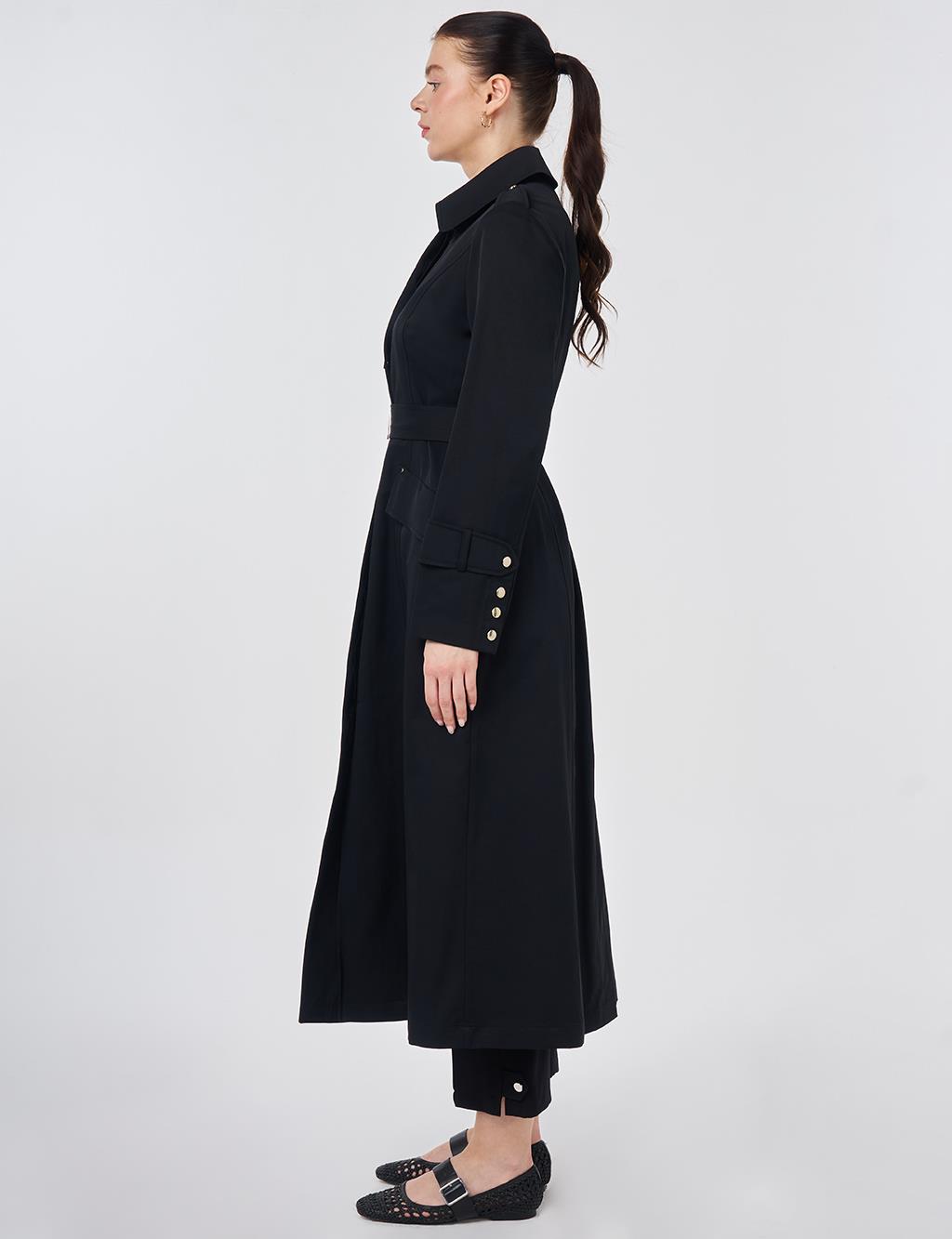 Button Detail Trench Coat Black