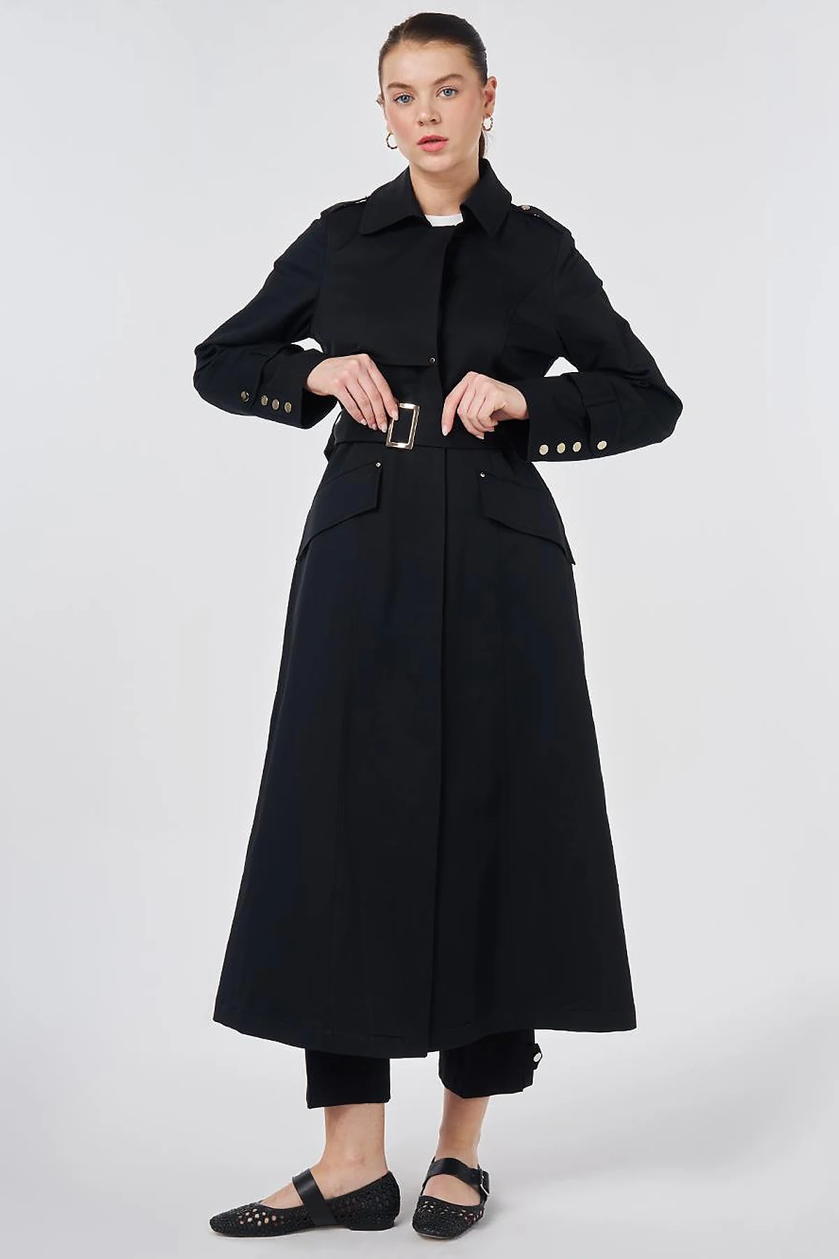 Button Detail Trench Coat Black